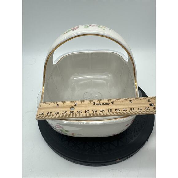 Teleflora Porcelain Basket Planter With Handle Pink Floral Design Plastic Liner - Picture 8 of 9